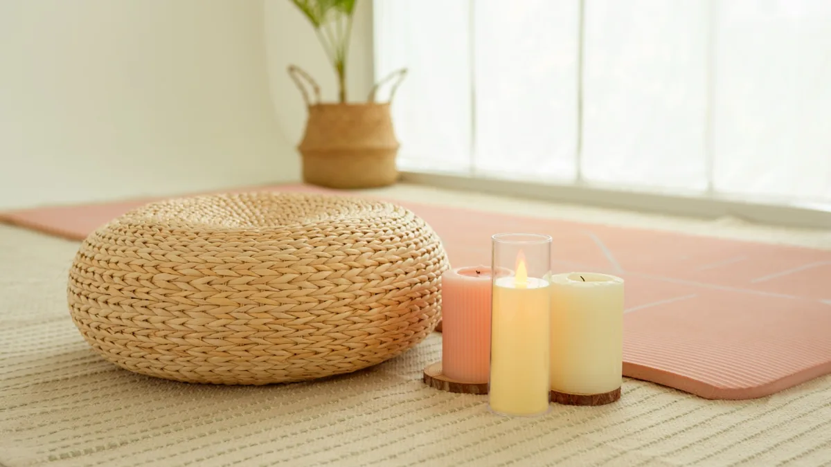 Meditation cushion and candles in a quiet sunlit room